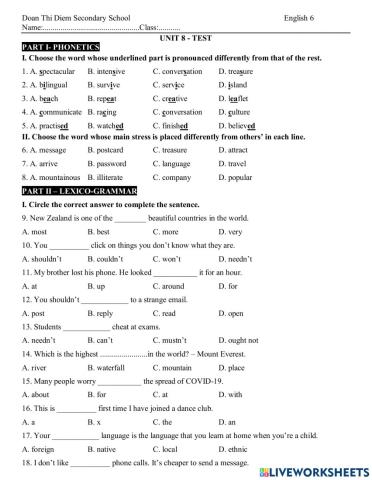 Unit 8 - Test - Grade 6