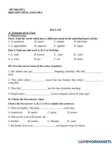 Mid 2nd term test  english 6