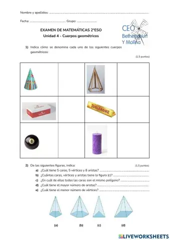 Examen Cuerpos geométricos 2ºESO