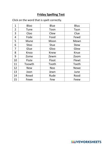 Oo sound spelling test