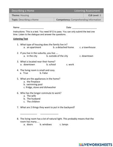 CLB 3 Housing-Describing a Home-Listening Assessment-Comp. Info