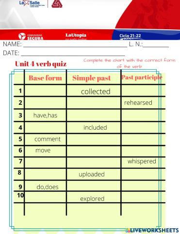 4th grade Unit 4 Verb quiz