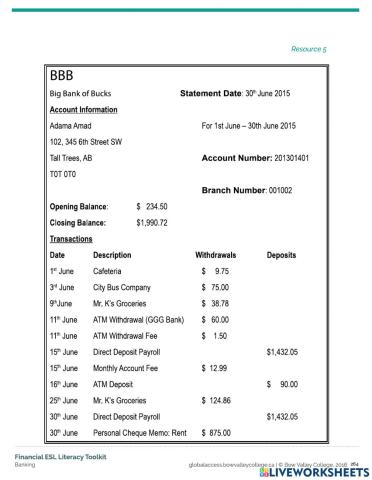 Bank Statement Headings