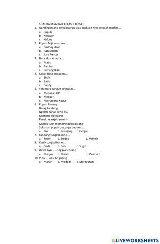 Soal Bahasa Bali Kelas 2 Tema 5