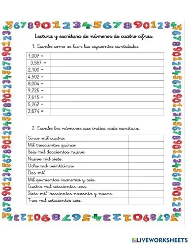 Lectura y escritura de números de cuatro cifras