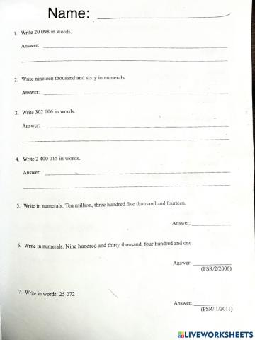 Numbers : Writing in Words & in Numerals