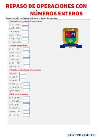 Repaso de operaciones con números enteros