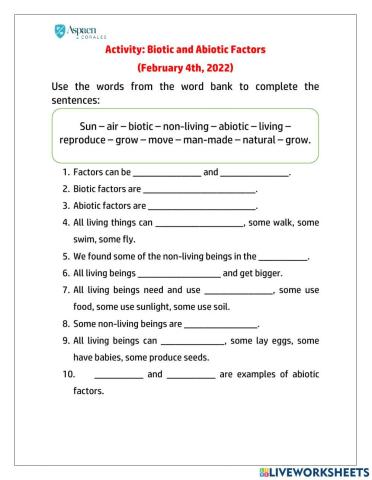 Activity: Biotic and Abiotic Factors (February 4th, 2022)