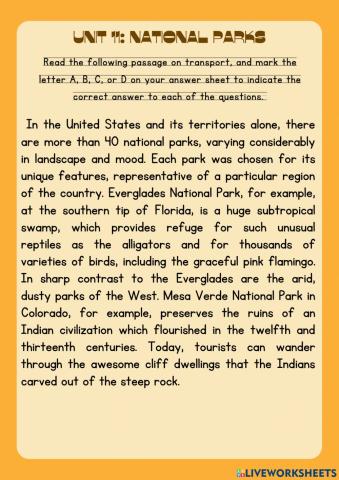 UNIT 11: NATIONAL PARKS - reading Q-A