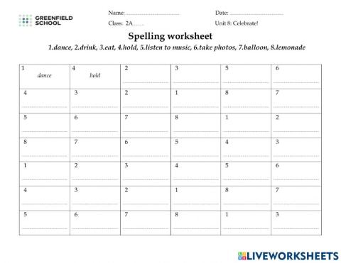 Look 2 - Unit 8 - Spelling worksheet