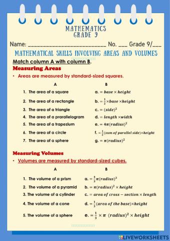 Mathematical Skills Involving Areas and Volume
