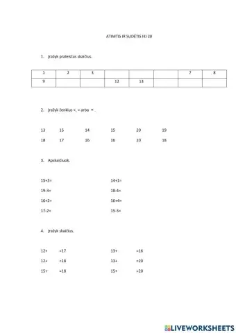 Sudėtis ir atimtis iki 20