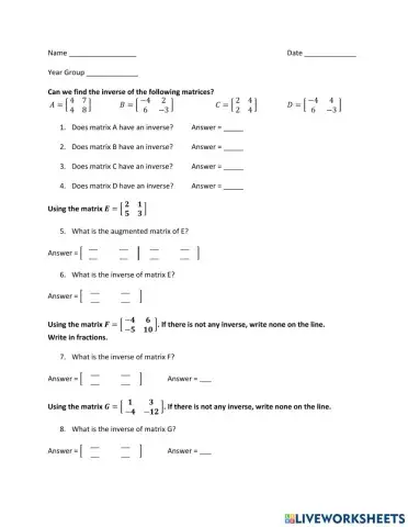 Matrices - Inverse of 2 x 2 Matrix
