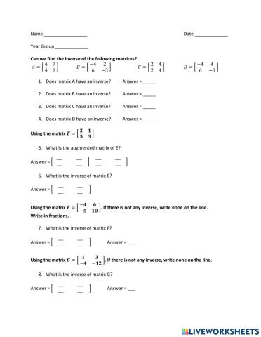 Matrices - Inverse of 2 x 2 Matrix