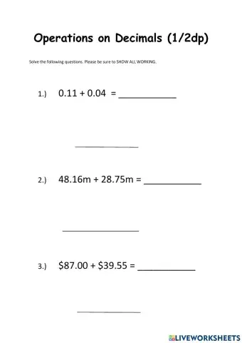 Operations on Decimals (2dp max)
