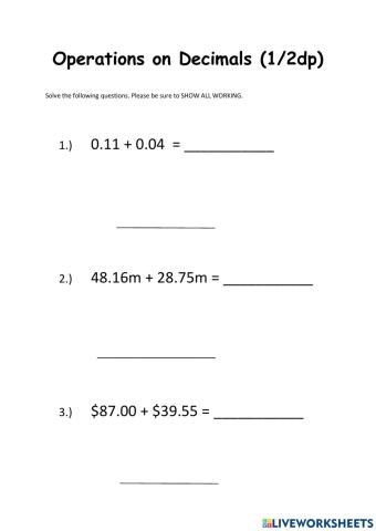 Operations on Decimals (2dp max)