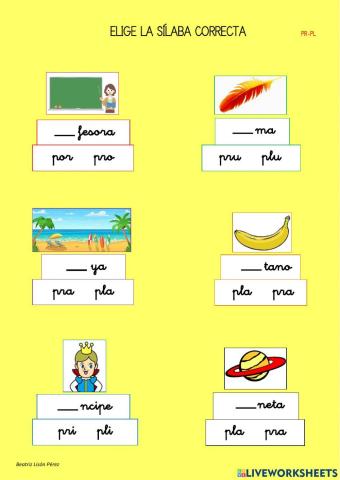 Elige la silaba correcta - palabras con pr-pl (trabadas y mixtas)