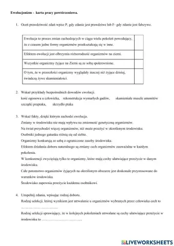 Ewolucja życia - karta powtórzeniowa