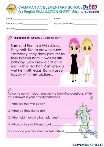 Q3 Week1 English Evaluation Sheet