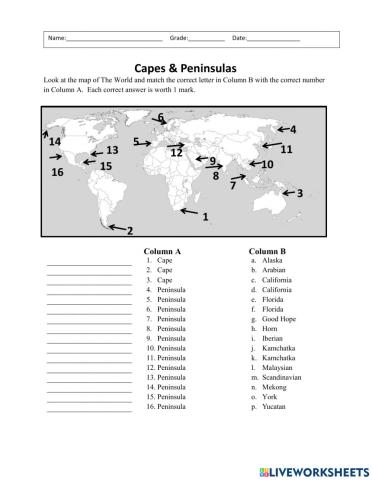 Capes & Peninsulas Worksheet
