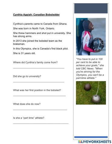 Cynthia Appiah:  Canadian Bobsledder