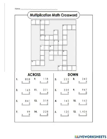 Multiplication Math Crossword