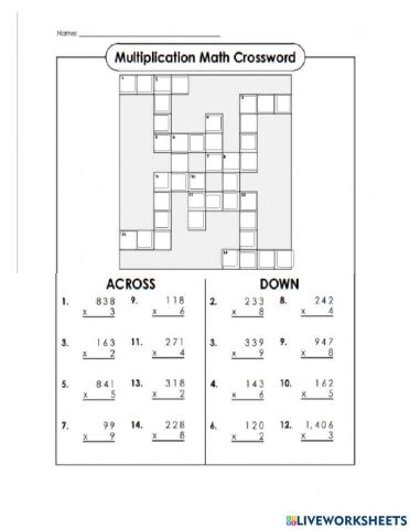 Multiplication Math Crossword