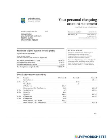 Reading Sample RBC Bank Statment