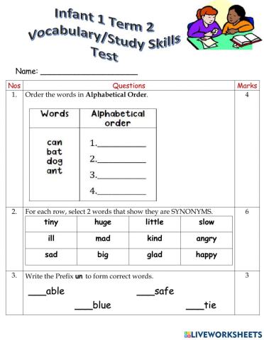 Vocabulary & Study Skills Test