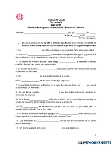 Examen de química tercero de secundaria