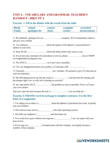Unit 4- Vocabulary+ Grammar- Teacher's handout-Dien Tu 4