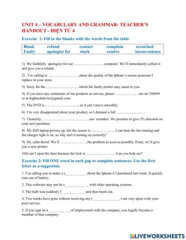 Unit 4- Vocabulary+ Grammar- Teacher's handout-Dien Tu 4