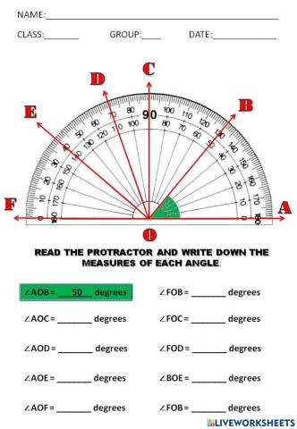 Angles measured with a protractor
