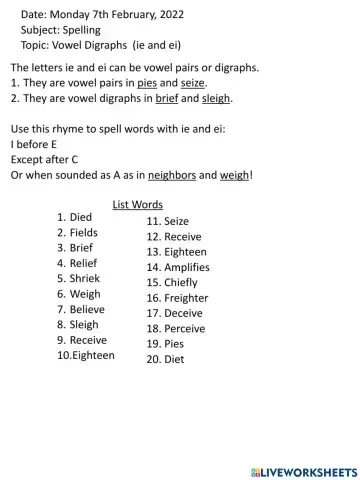 Vowel Digraphs ie and ei