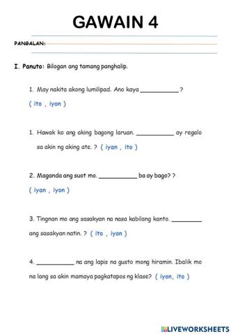 G4.1-Q2W7-Aralin 12 - Panghalip na Ito, Iyan, Iyon - ACTIVITIES