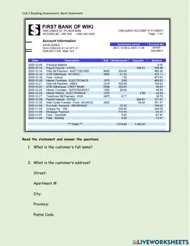 CLB2 Reading Assessment - Bank Statement