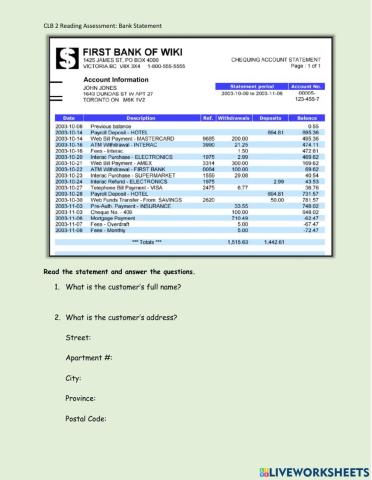 CLB2 Reading Assessment - Bank Statement