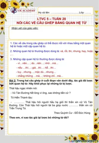 LTVC 5 - Nối các vế câu ghép bằng quan hệ từ