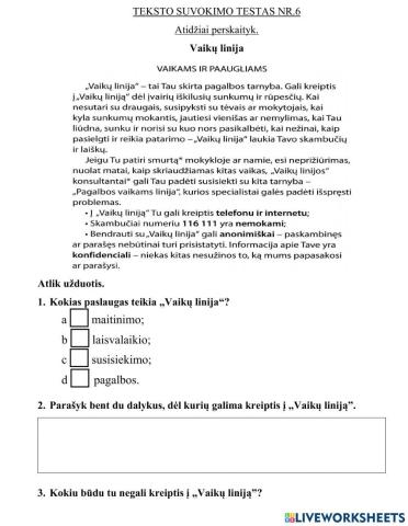 Teksto suvokimo testas Nr. 6 3kl.