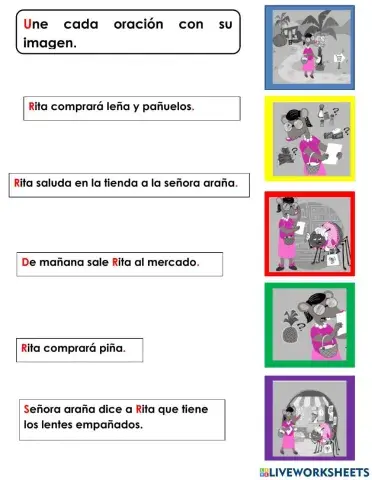 Unir oraciones con dibujos cuento una mañana en el mercado