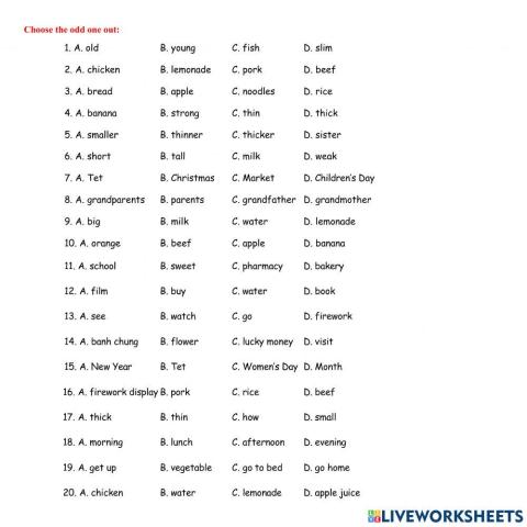 Tieng Anh 4 Unit 15-16 odd one out