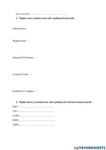 Chemia kartkówka wzory