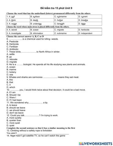 15 mins exam unit 9-10 - grade 10