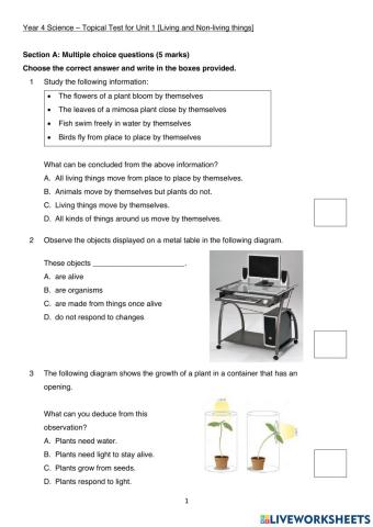 Y4 Science Topical Test (Unit 1)