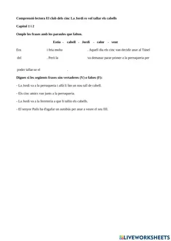 Comprensió lectora El club dels cinc La Jordi es vol tallar els cabells  Capítol 1 i 2