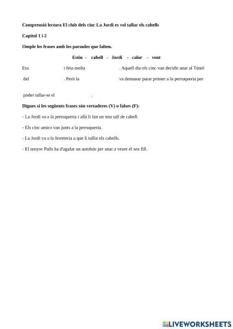 Comprensió lectora El club dels cinc La Jordi es vol tallar els cabells  Capítol 1 i 2
