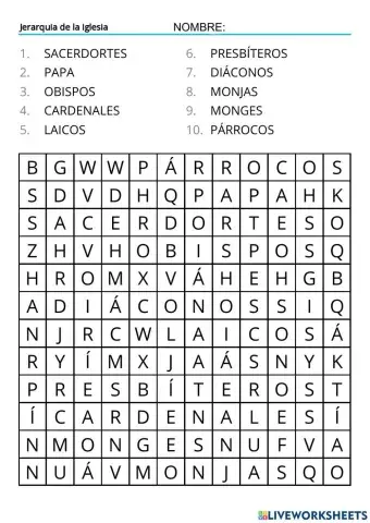 Sopa letras jerarquia de la iglesia