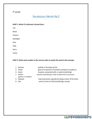 Worksheet- Vocabulary Words No.2