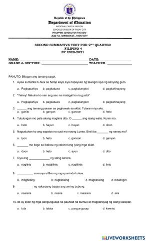 Filipino part 2 2nd qtr Exam Pasay