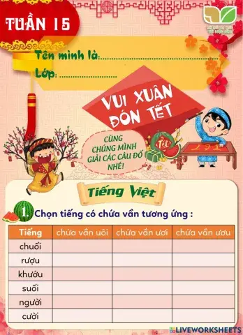 Phiếu ôn cuối tuần 15 - Lớp 1